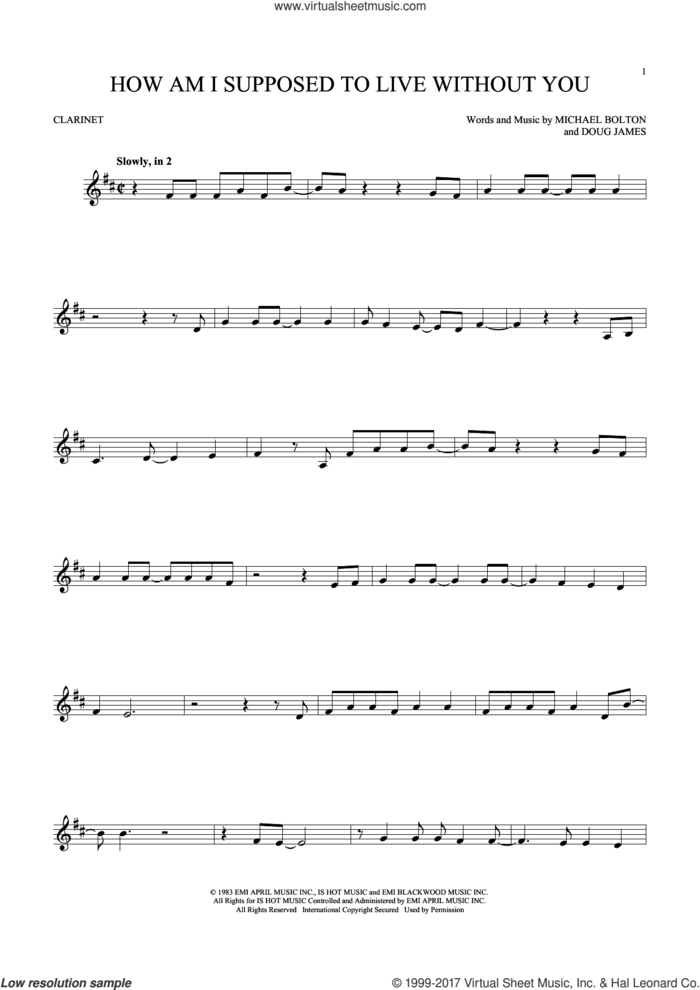 How Am I Supposed To Live Without You sheet music for clarinet solo by Michael Bolton and Doug James, intermediate skill level