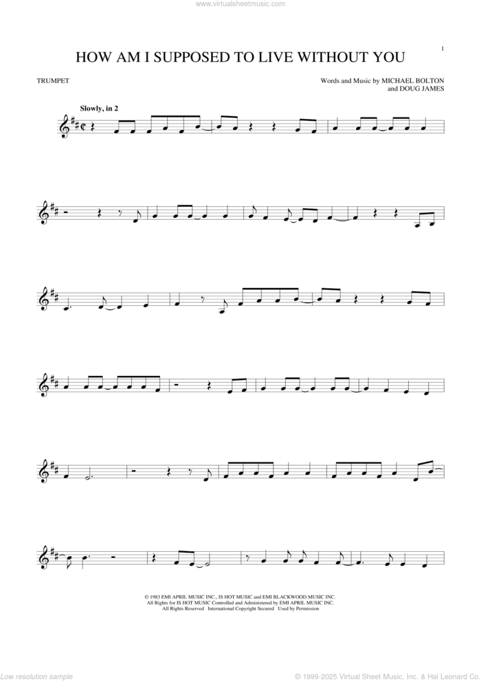 How Am I Supposed To Live Without You sheet music for trumpet solo by Michael Bolton and Doug James, intermediate skill level