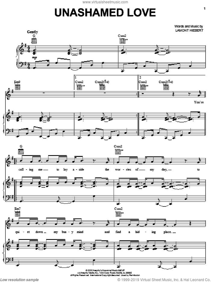 Unashamed Love sheet music for voice, piano or guitar by Lamont Hiebert, intermediate skill level