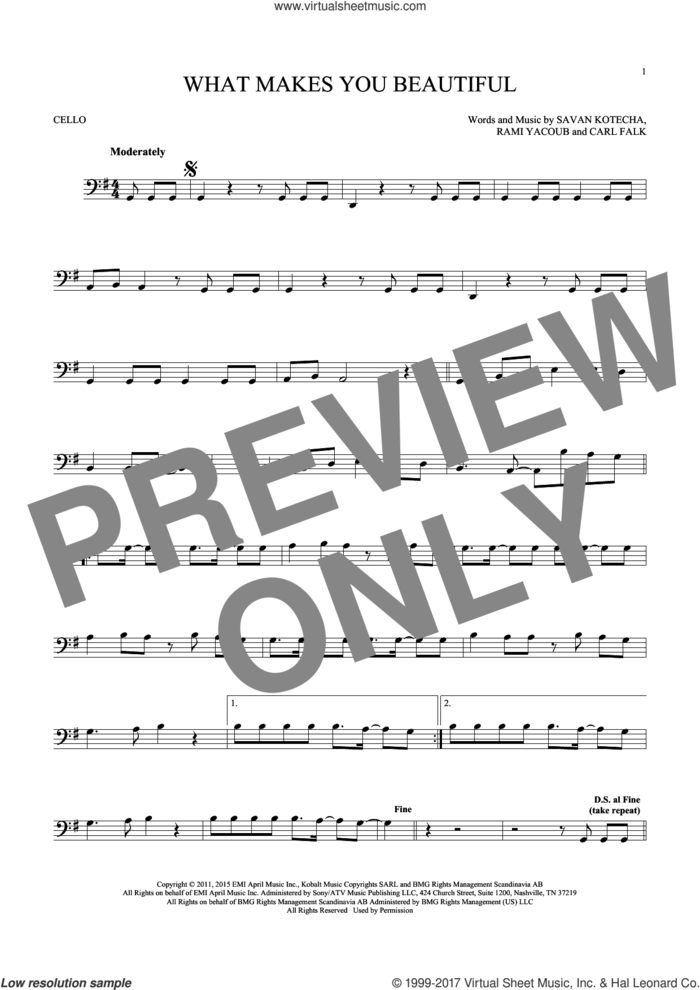What Makes You Beautiful sheet music for cello solo by One Direction, Carl Falk, Rami and Savan Kotecha, intermediate skill level
