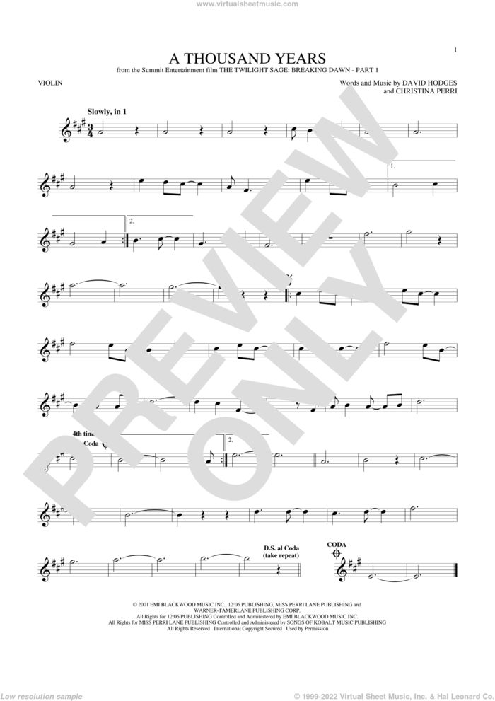 A Thousand Years sheet music for violin solo by Christina Perri and David Hodges, wedding score, intermediate skill level