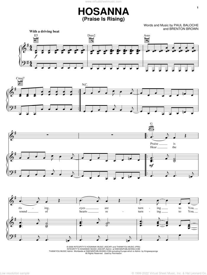 Hosanna (Praise Is Rising) sheet music for voice, piano or guitar by Paul Baloche and Brenton Brown, intermediate skill level