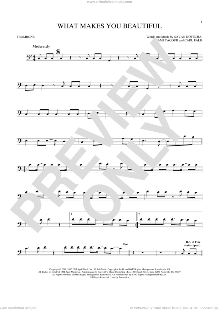 What Makes You Beautiful sheet music for trombone solo by One Direction, Carl Falk, Rami and Savan Kotecha, intermediate skill level