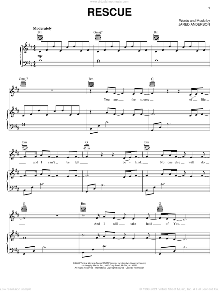 Rescue sheet music for voice, piano or guitar by Jared Anderson, intermediate skill level