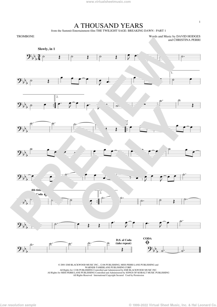 A Thousand Years sheet music for trombone solo by Christina Perri and David Hodges, wedding score, intermediate skill level