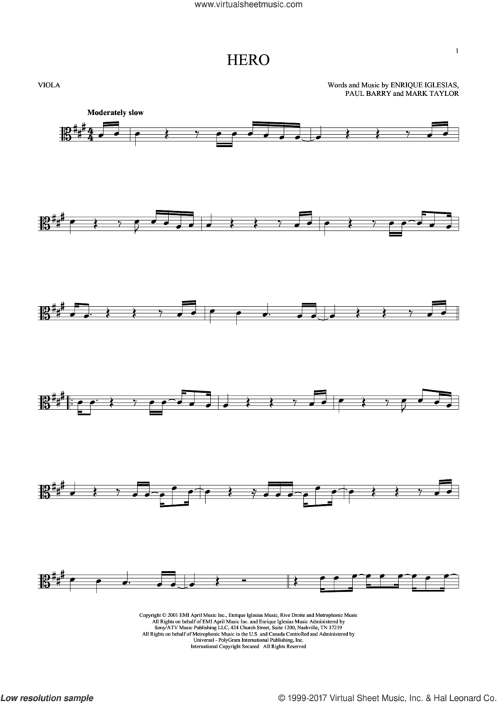 Hero sheet music for viola solo by Enrique Iglesias, Mark Taylor and Paul Barry, intermediate skill level