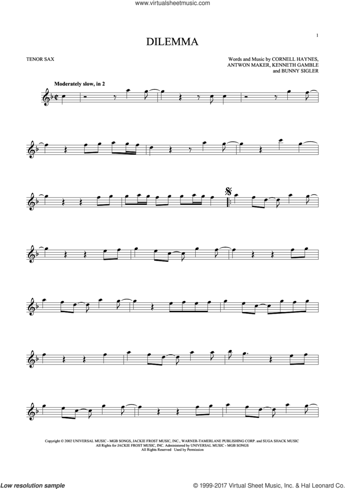 Dilemma sheet music for tenor saxophone solo by Nelly featuring Kelly Rowland, Antwon Maker, Bunny Sigler, Cornell Haynes and Kenneth Gamble, intermediate skill level