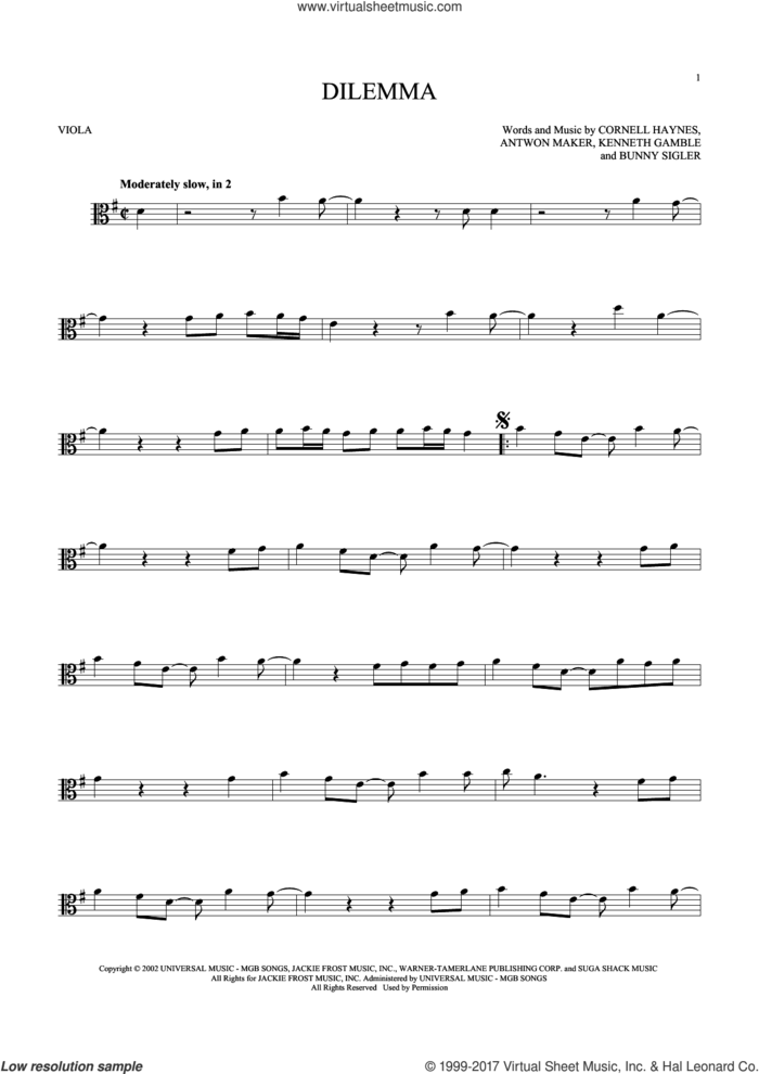 Dilemma sheet music for viola solo by Nelly featuring Kelly Rowland, Antwon Maker, Bunny Sigler, Cornell Haynes and Kenneth Gamble, intermediate skill level