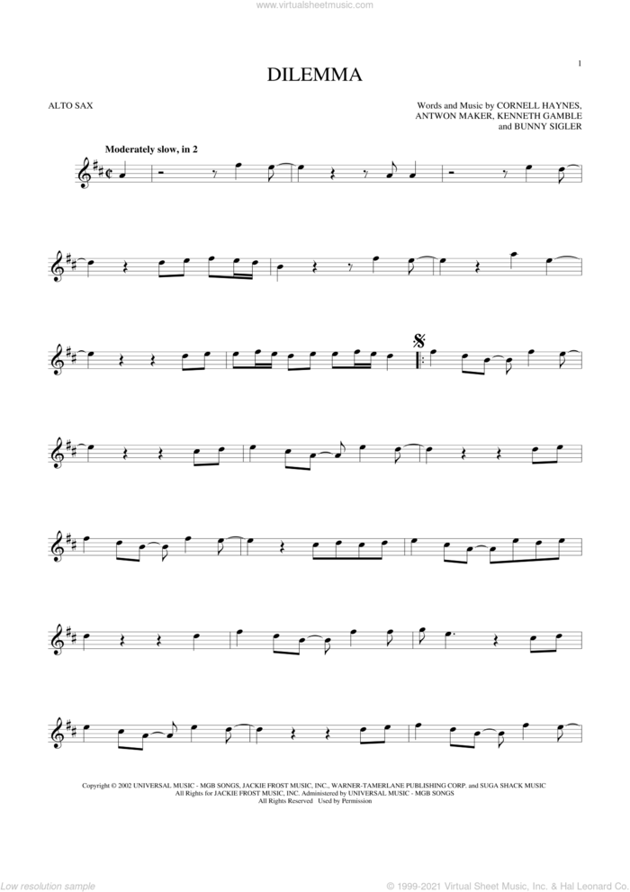 Dilemma sheet music for alto saxophone solo by Nelly featuring Kelly Rowland, Antwon Maker, Bunny Sigler, Cornell Haynes and Kenneth Gamble, intermediate skill level