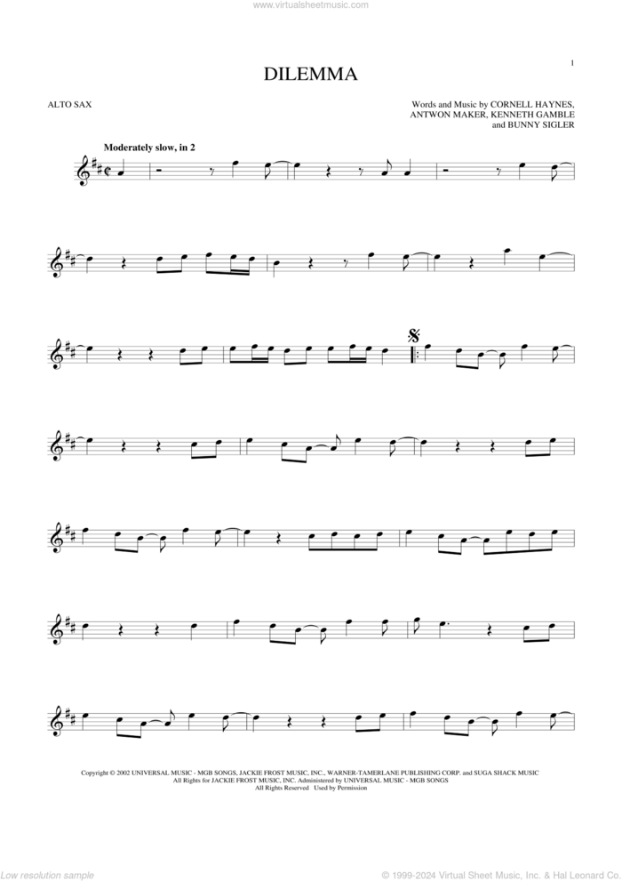 Dilemma sheet music for alto saxophone solo by Nelly featuring Kelly Rowland, Antwon Maker, Bunny Sigler, Cornell Haynes and Kenneth Gamble, intermediate skill level