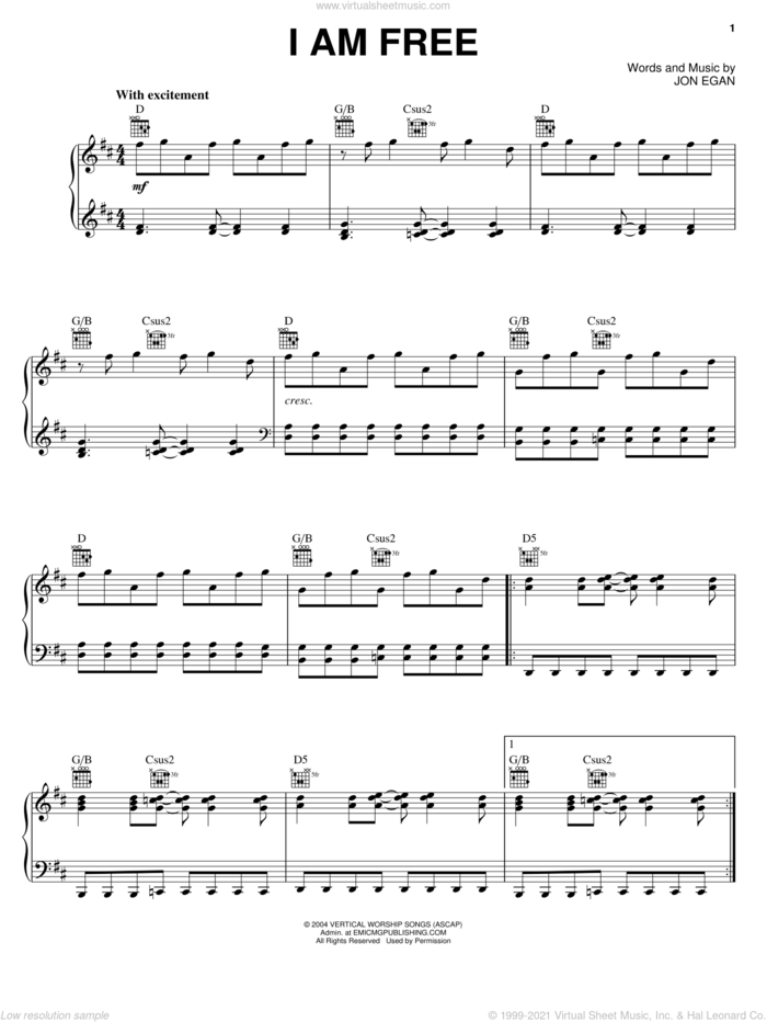 I Am Free sheet music for voice, piano or guitar by Jon Egan and Newsboys, intermediate skill level