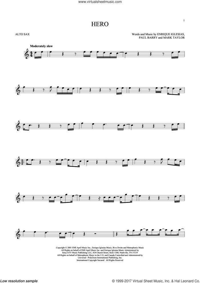 Hero sheet music for alto saxophone solo by Enrique Iglesias, Mark Taylor and Paul Barry, intermediate skill level