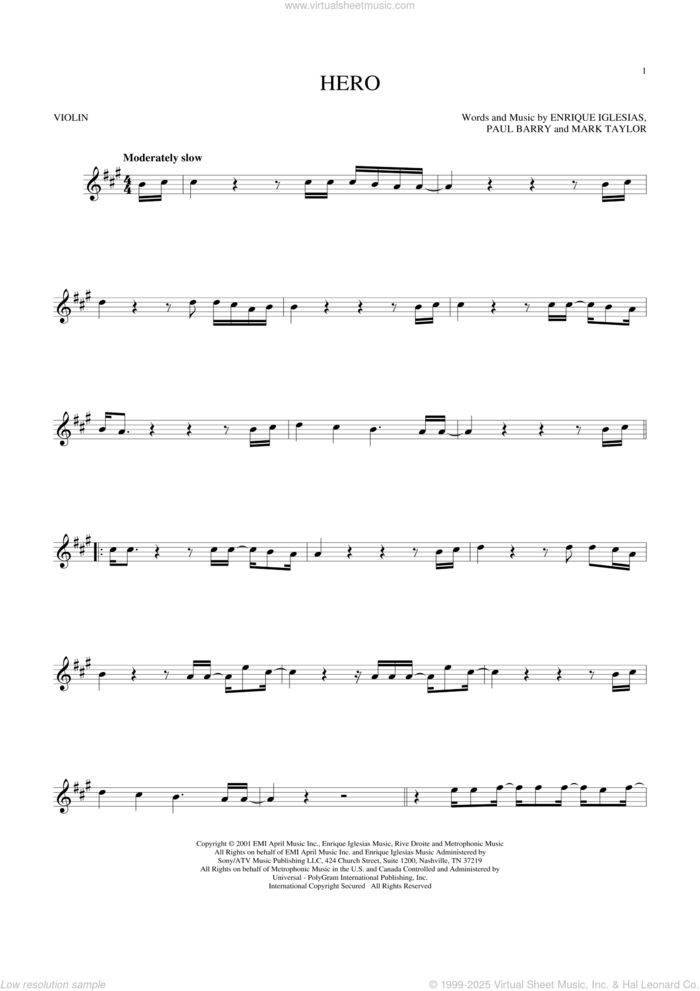 Hero sheet music for violin solo by Enrique Iglesias, Mark Taylor and Paul Barry, intermediate skill level