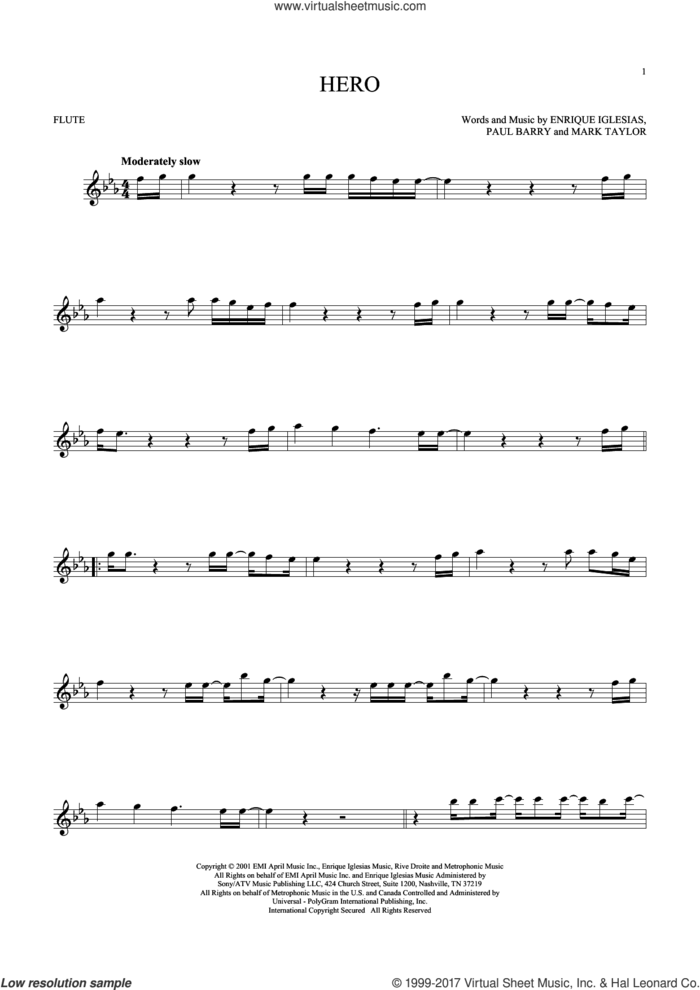 Hero sheet music for flute solo by Enrique Iglesias, Mark Taylor and Paul Barry, intermediate skill level