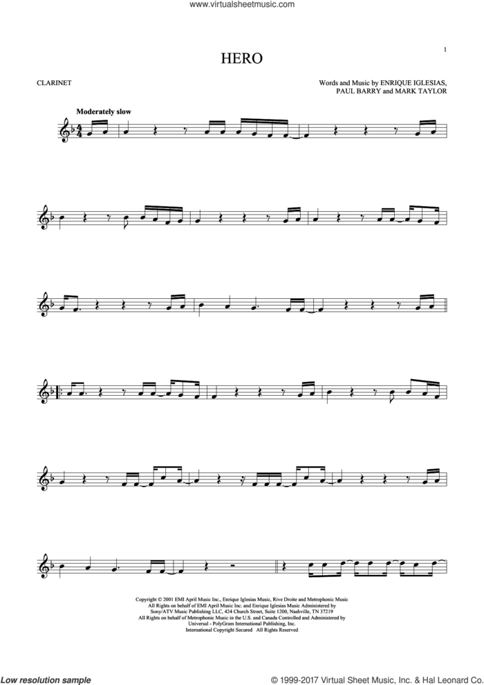 Hero sheet music for clarinet solo by Enrique Iglesias, Mark Taylor and Paul Barry, intermediate skill level