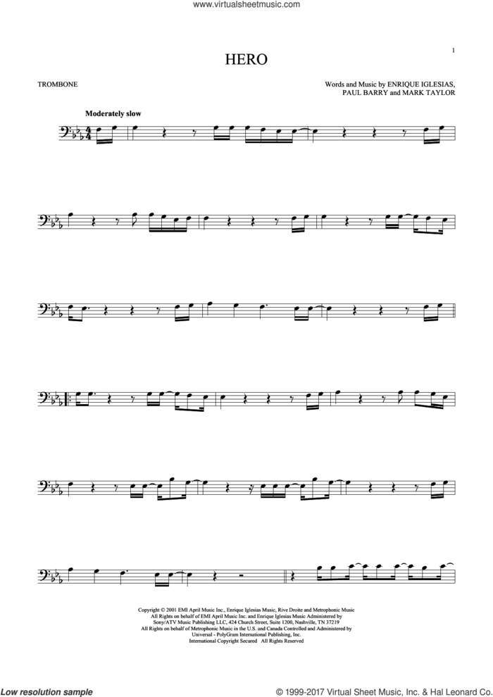 Hero sheet music for trombone solo by Enrique Iglesias, Mark Taylor and Paul Barry, intermediate skill level