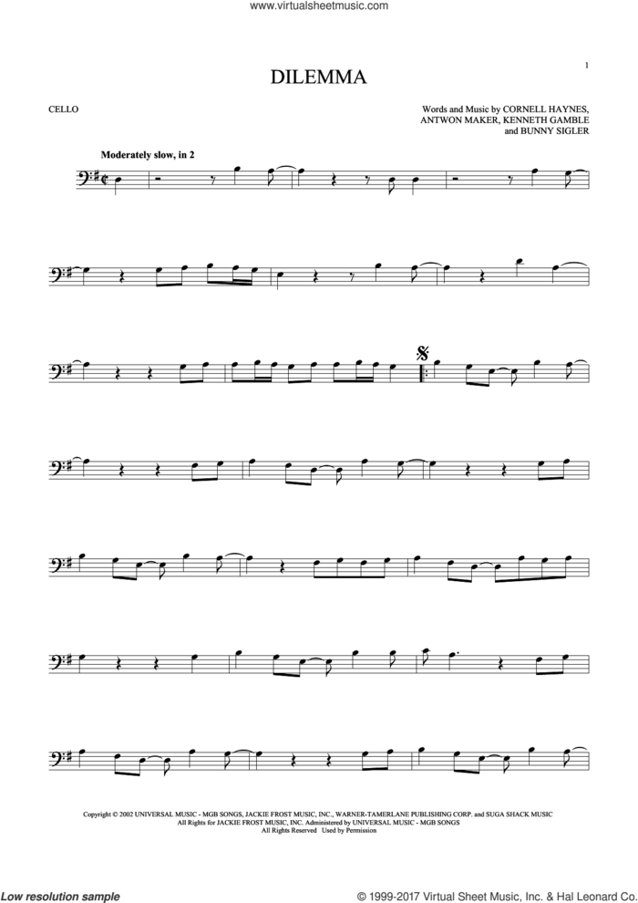 Dilemma sheet music for cello solo by Nelly featuring Kelly Rowland, Antwon Maker, Bunny Sigler, Cornell Haynes and Kenneth Gamble, intermediate skill level