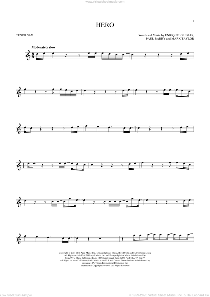 Hero sheet music for tenor saxophone solo by Enrique Iglesias, Mark Taylor and Paul Barry, intermediate skill level