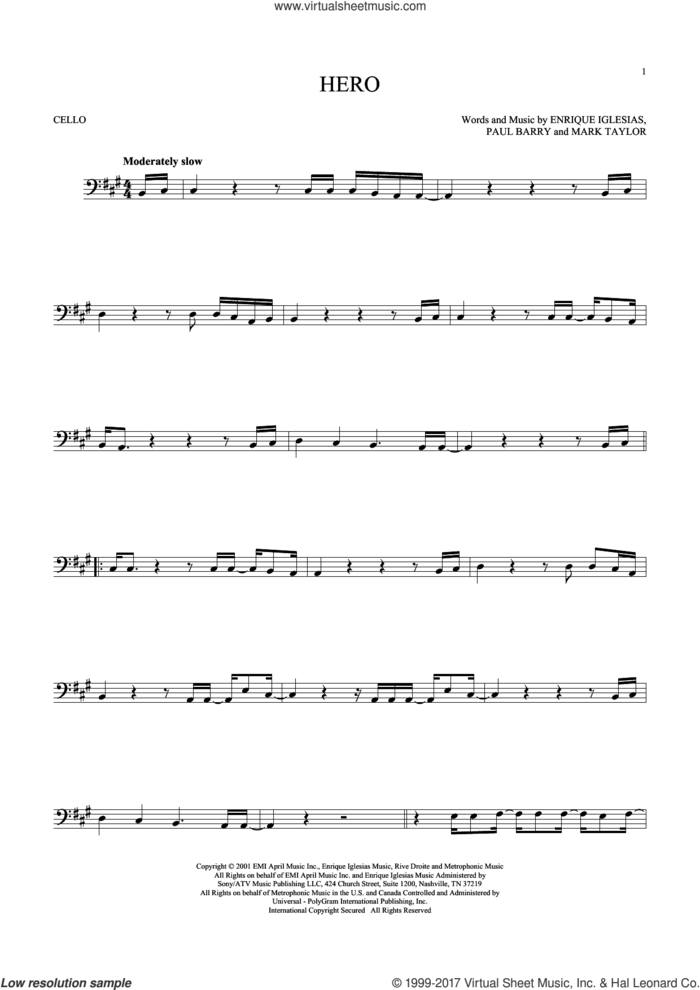 Hero sheet music for cello solo by Enrique Iglesias, Mark Taylor and Paul Barry, intermediate skill level
