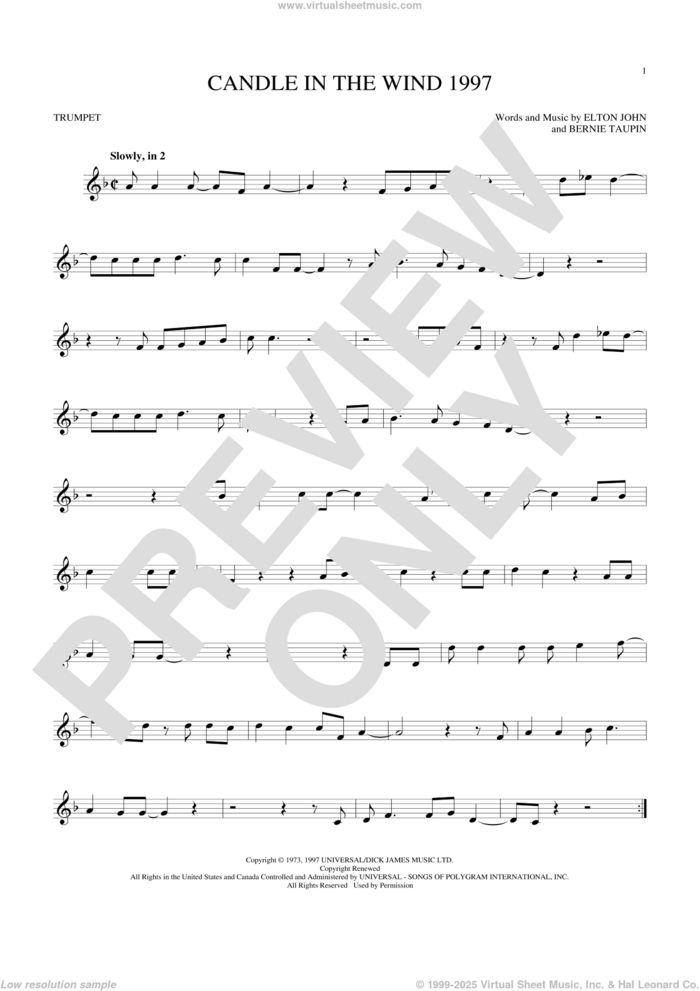 Candle In The Wind 1997 sheet music for trumpet solo by Elton John and Bernie Taupin, intermediate skill level