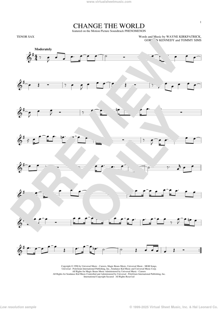 Change The World sheet music for tenor saxophone solo by Eric Clapton, Wynonna, Gordon Kennedy, Tommy Sims and Wayne Kirkpatrick, intermediate skill level