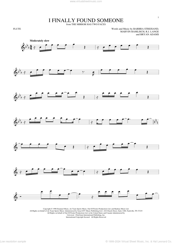 I Finally Found Someone sheet music for flute solo by Barbra Streisand and Bryan Adams, Barbra Streisand, Bryan Adams, Marvin Hamlisch and Robert John Lange, intermediate skill level