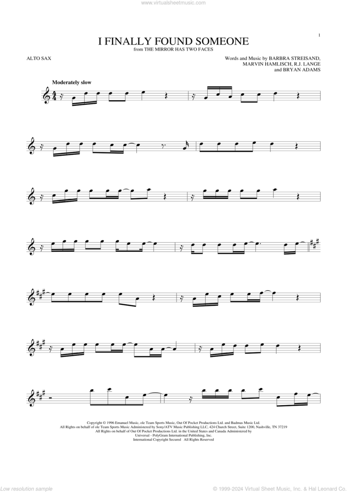 I Finally Found Someone sheet music for alto saxophone solo by Barbra Streisand and Bryan Adams, Barbra Streisand, Bryan Adams, Marvin Hamlisch and Robert John Lange, intermediate skill level