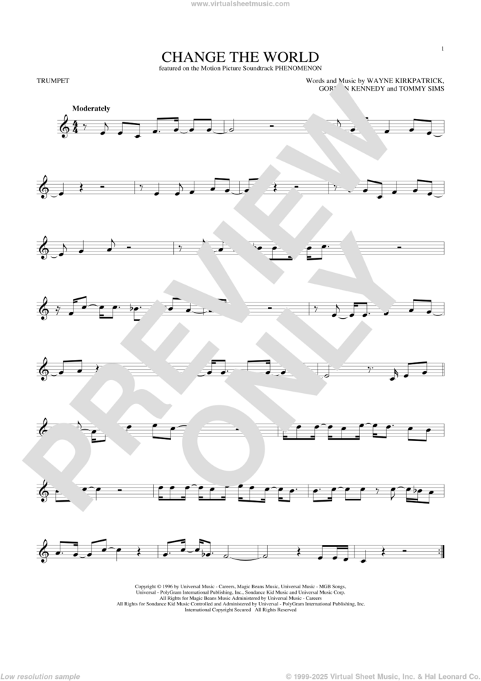 Change The World sheet music for trumpet solo by Eric Clapton, Wynonna, Gordon Kennedy, Tommy Sims and Wayne Kirkpatrick, intermediate skill level