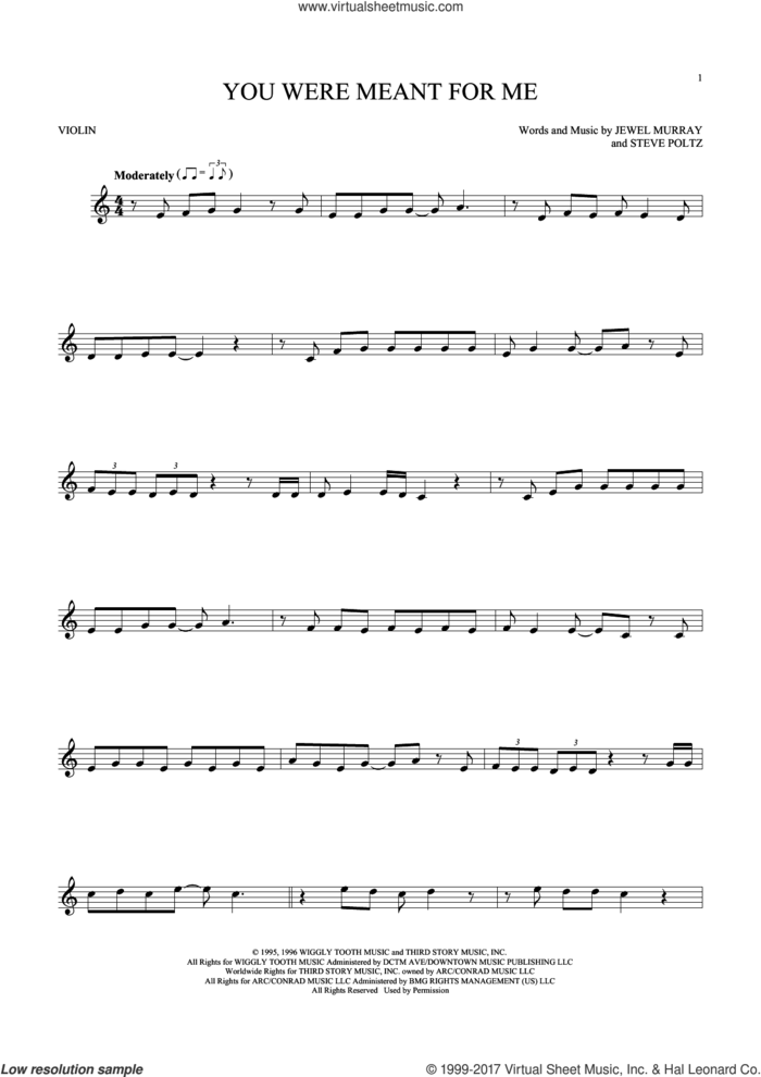You Were Meant For Me sheet music for violin solo by Jewel, Jewel Murray and Steve Poltz, intermediate skill level