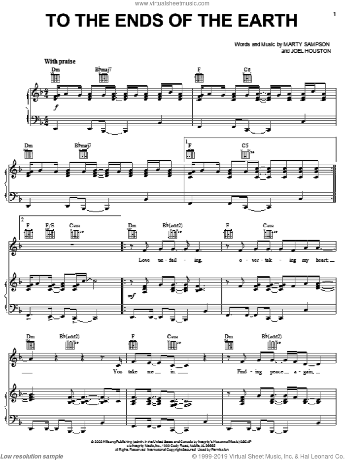 To The Ends Of The Earth sheet music for voice, piano or guitar by Hillsong, Joel Houston and Marty Sampson, intermediate skill level