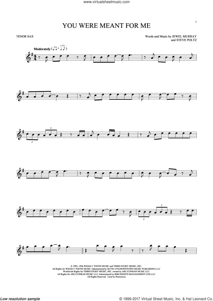 You Were Meant For Me sheet music for tenor saxophone solo by Jewel, Jewel Murray and Steve Poltz, intermediate skill level