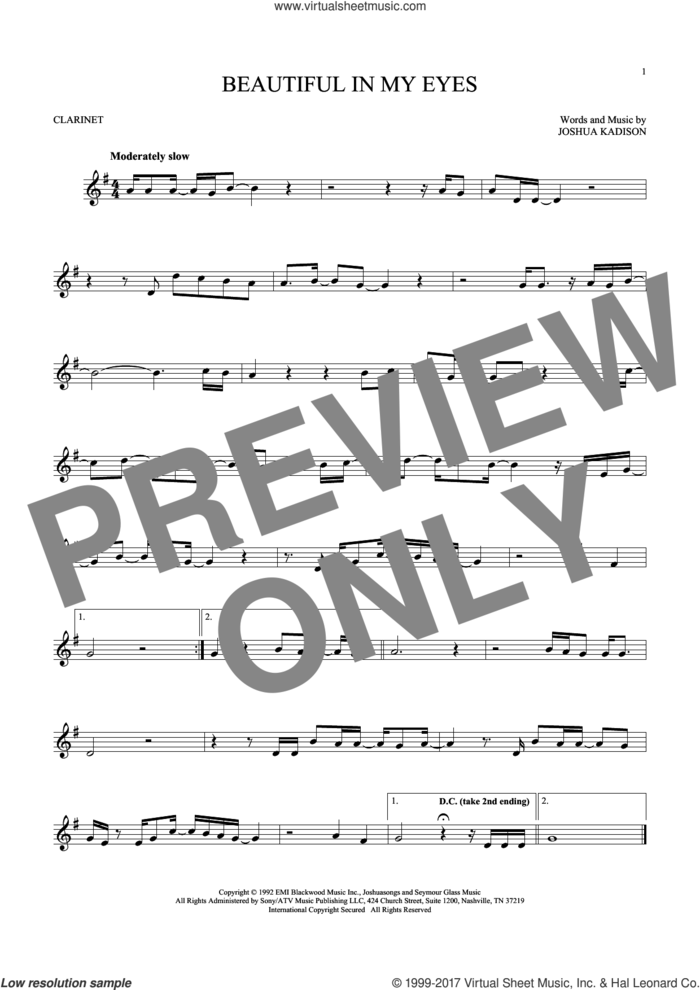 Beautiful In My Eyes sheet music for clarinet solo by Joshua Kadison, wedding score, intermediate skill level