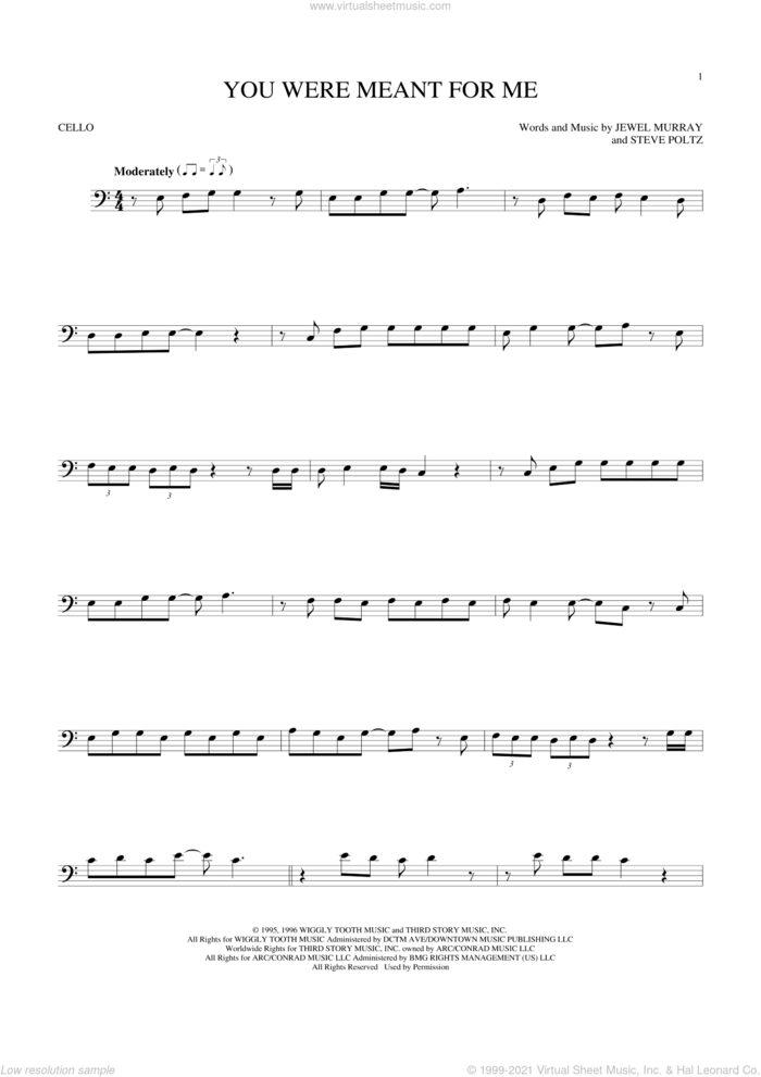 You Were Meant For Me sheet music for cello solo by Jewel, Jewel Murray and Steve Poltz, intermediate skill level