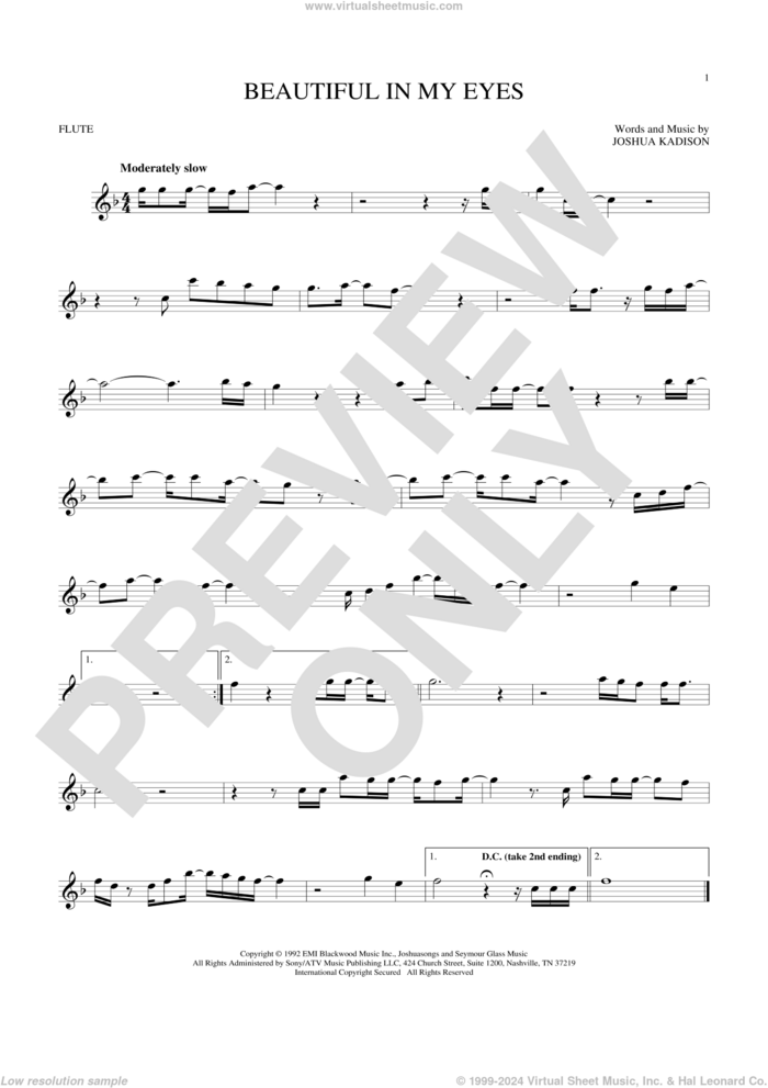 Beautiful In My Eyes sheet music for flute solo by Joshua Kadison, wedding score, intermediate skill level