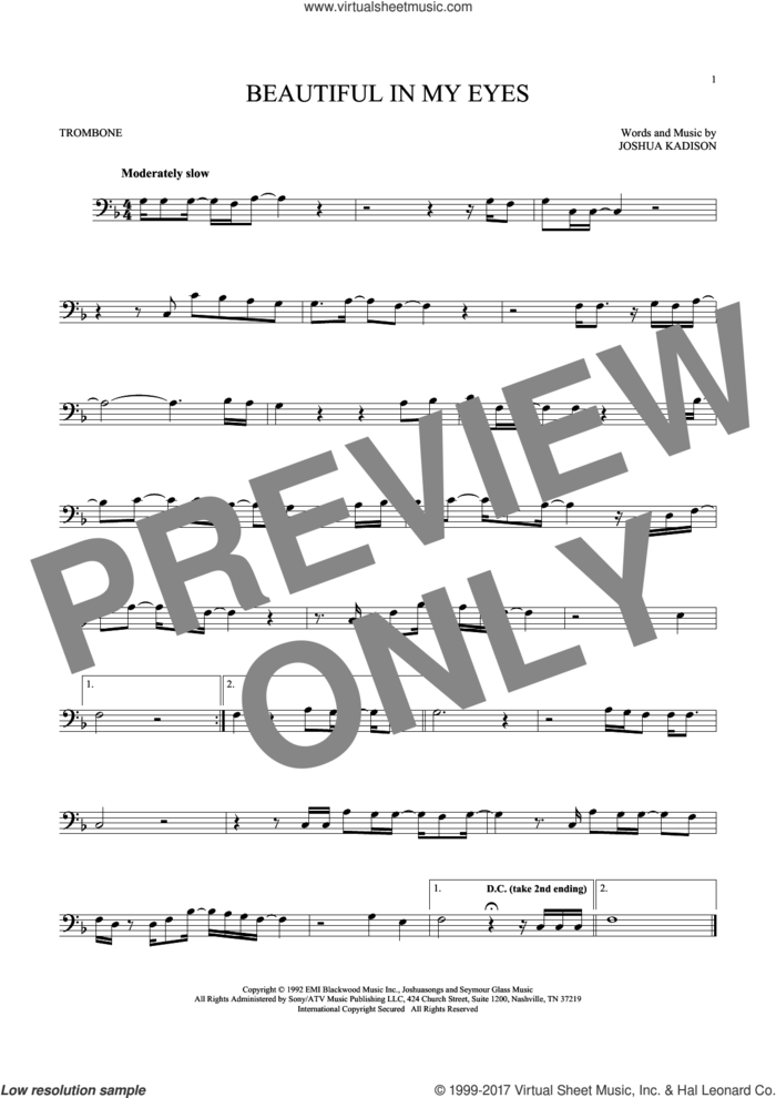 Beautiful In My Eyes sheet music for trombone solo by Joshua Kadison, wedding score, intermediate skill level