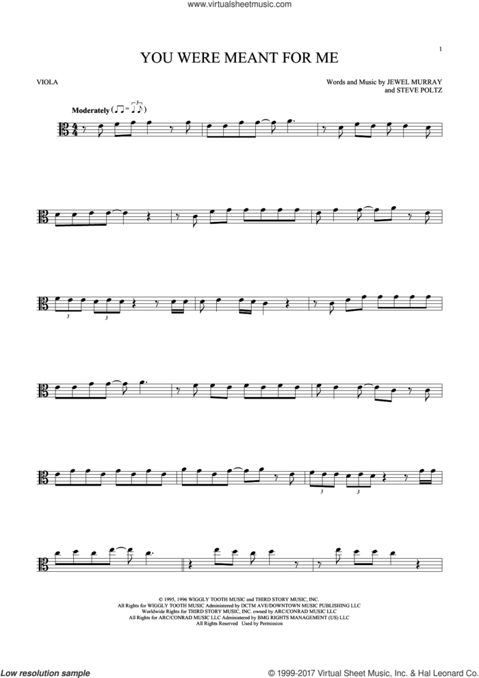 You Were Meant For Me sheet music for viola solo by Jewel, Jewel Murray and Steve Poltz, intermediate skill level