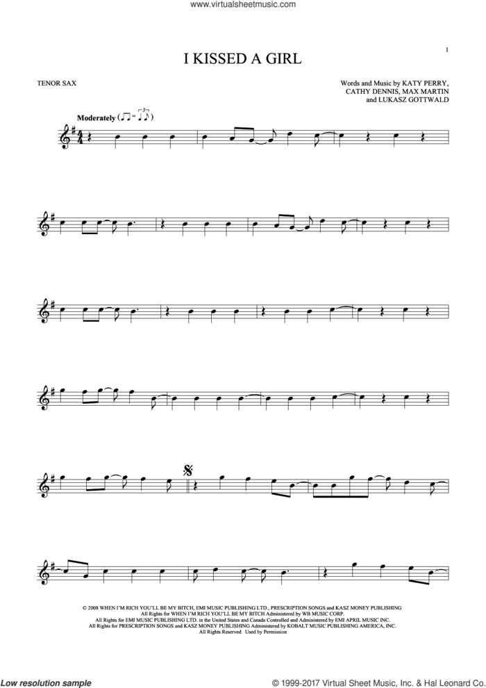I Kissed A Girl sheet music for tenor saxophone solo by Katy Perry, Cathy Dennis, Lukasz Gottwald and Max Martin, intermediate skill level