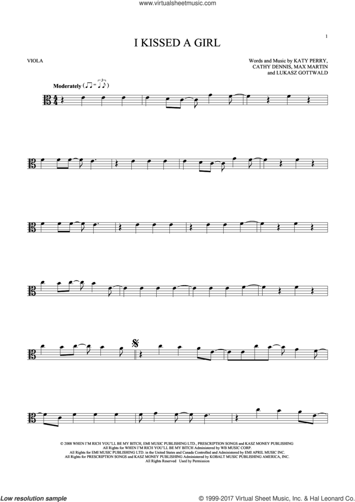 I Kissed A Girl sheet music for viola solo by Katy Perry, Cathy Dennis, Lukasz Gottwald and Max Martin, intermediate skill level