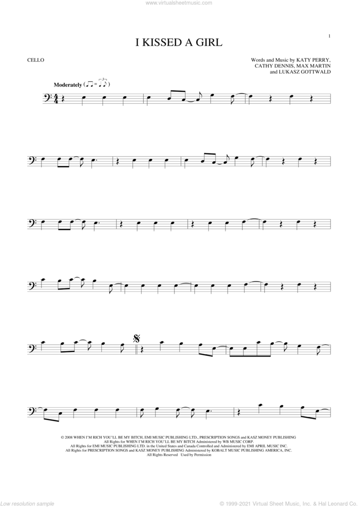 I Kissed A Girl sheet music for cello solo by Katy Perry, Cathy Dennis, Lukasz Gottwald and Max Martin, intermediate skill level