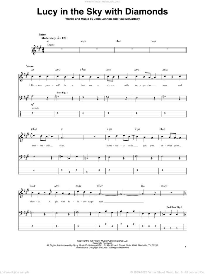 Lucy In The Sky With Diamonds sheet music for bass (tablature) (bass guitar) by The Beatles, John Lennon and Paul McCartney, intermediate skill level
