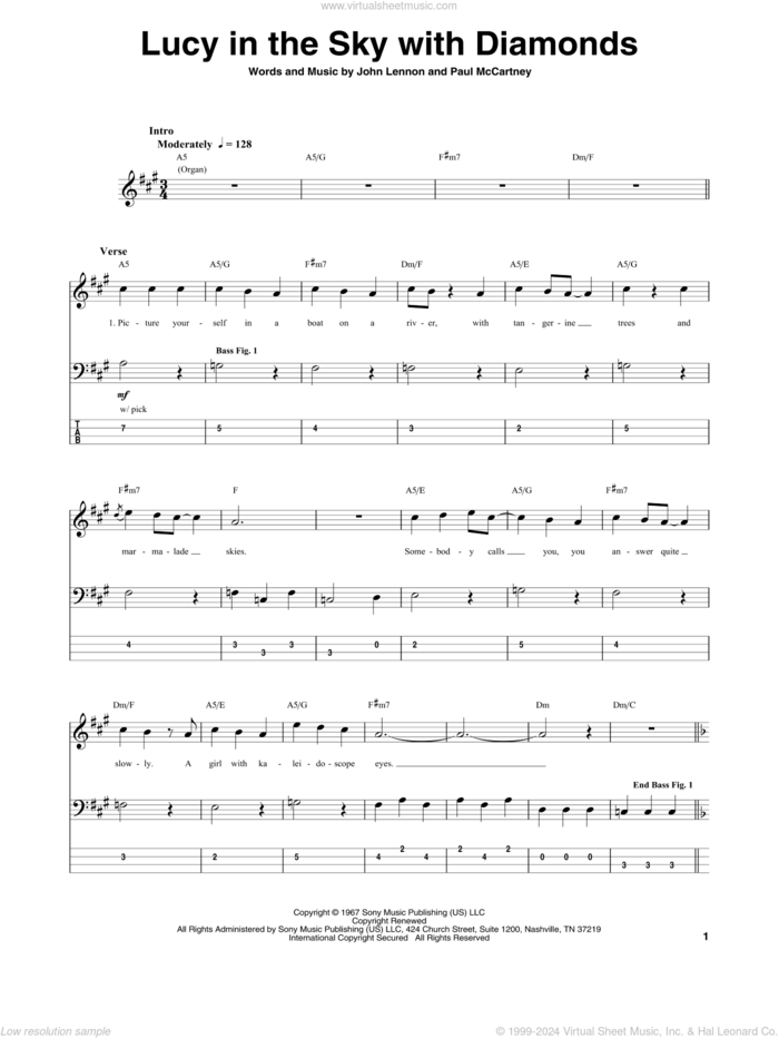 Lucy In The Sky With Diamonds sheet music for bass (tablature) (bass guitar) by The Beatles, John Lennon and Paul McCartney, intermediate skill level