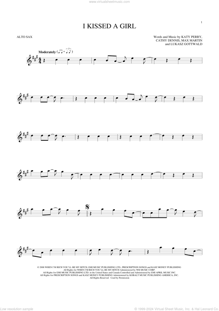 I Kissed A Girl sheet music for alto saxophone solo by Katy Perry, Cathy Dennis, Lukasz Gottwald and Max Martin, intermediate skill level