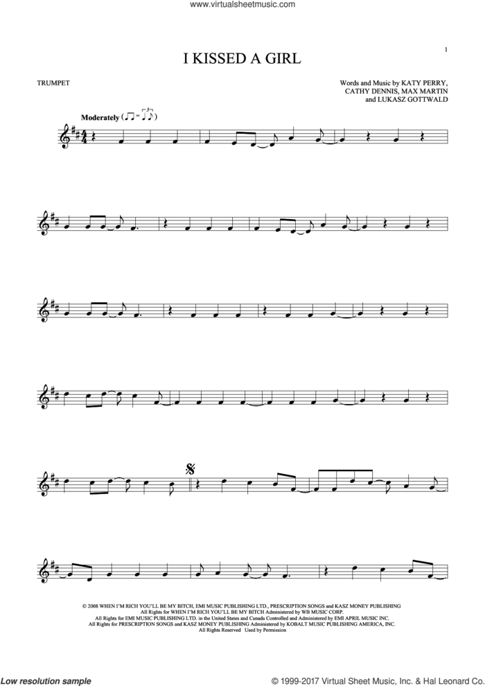 I Kissed A Girl sheet music for trumpet solo by Katy Perry, Cathy Dennis, Lukasz Gottwald and Max Martin, intermediate skill level