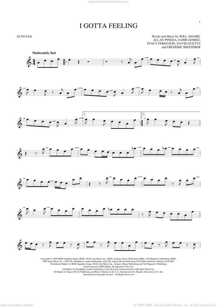 I Gotta Feeling sheet music for alto saxophone solo by Will Adams, Black Eyed Peas, Allan Pineda, David Guetta, Frederic Riesterer, Jaime Gomez and Stacy Ferguson, intermediate skill level