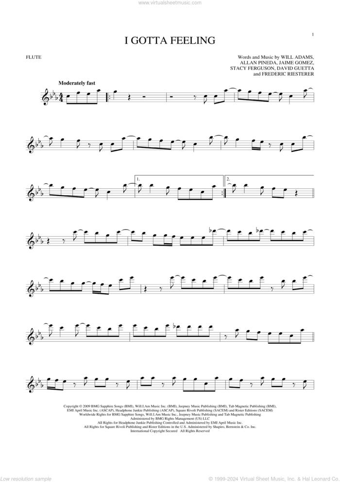 I Gotta Feeling sheet music for flute solo by Will Adams, Black Eyed Peas, Allan Pineda, David Guetta, Frederic Riesterer, Jaime Gomez and Stacy Ferguson, intermediate skill level