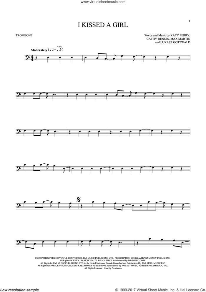 I Kissed A Girl sheet music for trombone solo by Katy Perry, Cathy Dennis, Lukasz Gottwald and Max Martin, intermediate skill level