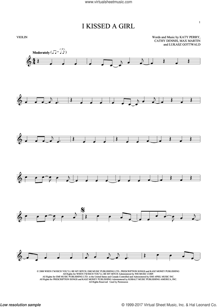 I Kissed A Girl sheet music for violin solo by Katy Perry, Cathy Dennis, Lukasz Gottwald and Max Martin, intermediate skill level