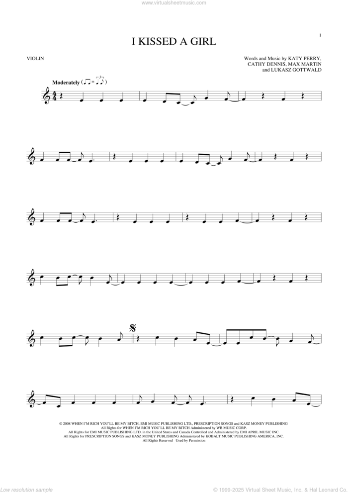 I Kissed A Girl sheet music for violin solo by Katy Perry, Cathy Dennis, Lukasz Gottwald and Max Martin, intermediate skill level