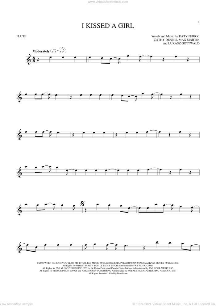 I Kissed A Girl sheet music for flute solo by Katy Perry, Cathy Dennis, Lukasz Gottwald and Max Martin, intermediate skill level