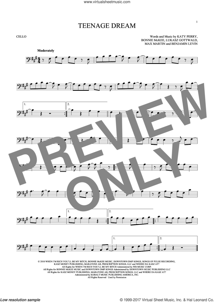 Teenage Dream sheet music for cello solo by Katy Perry, Benjamin Levin, Bonnie McKee, Lukasz Gottwald and Max Martin, intermediate skill level